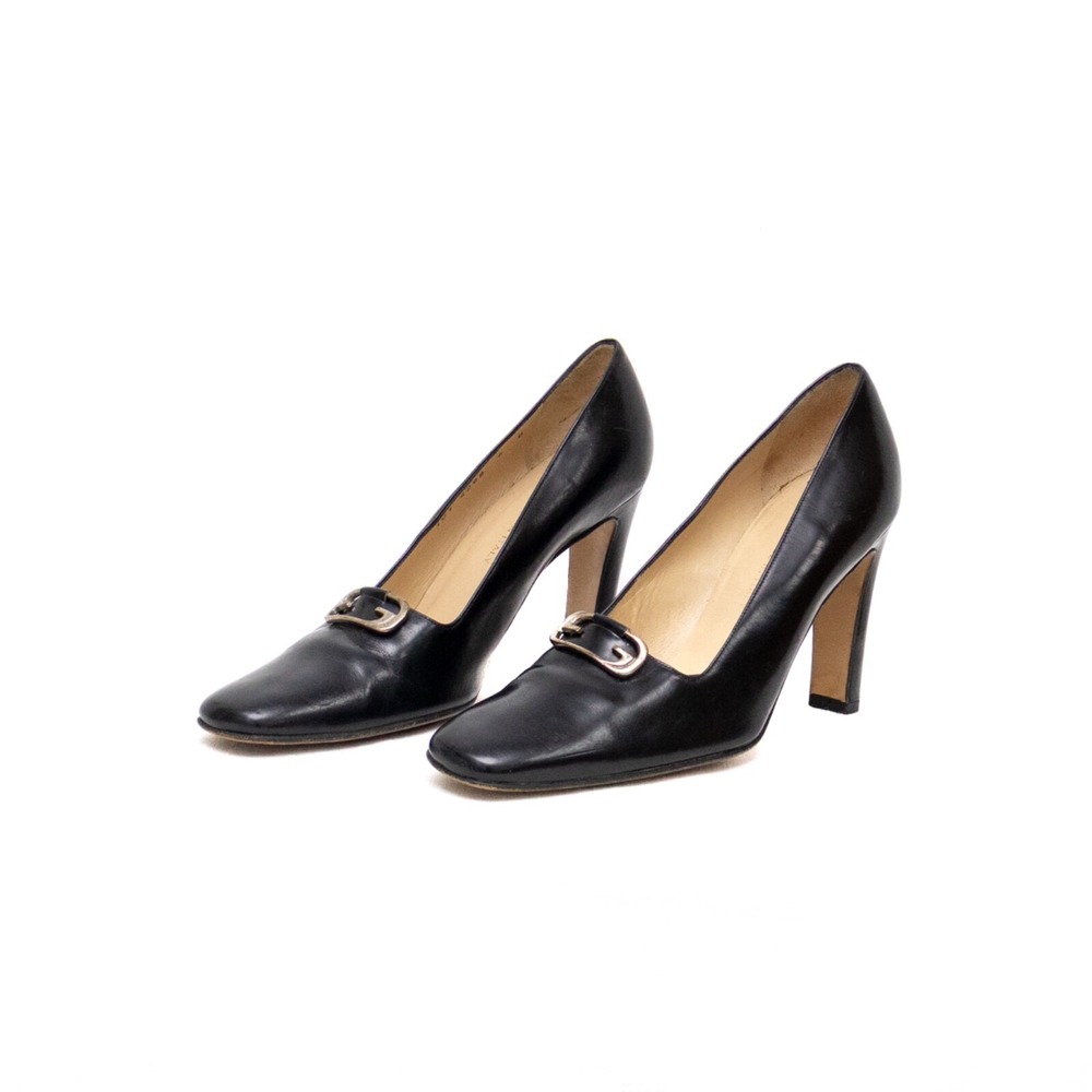 Gucci Black Leather High Heel Pumps with Horsebit Detail Black Enamel Size US6 - Picture 6 of 11